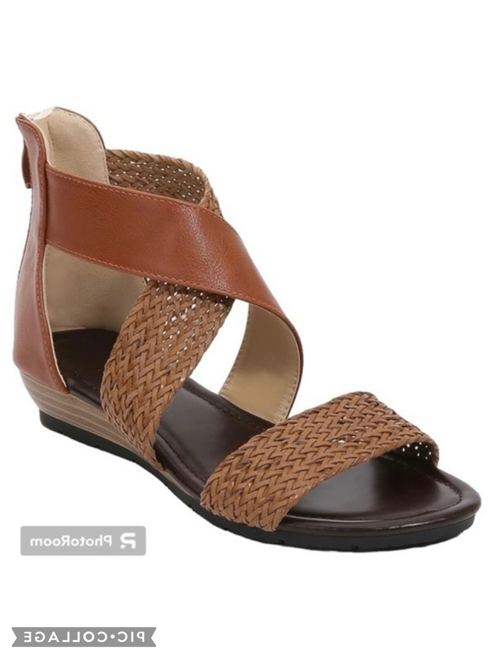 Sandals Gladiator Braided Faux Leather Cognac Casual Back Zipper Flat 10
